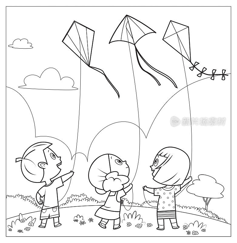 Coloring book, Kids Playing Kites